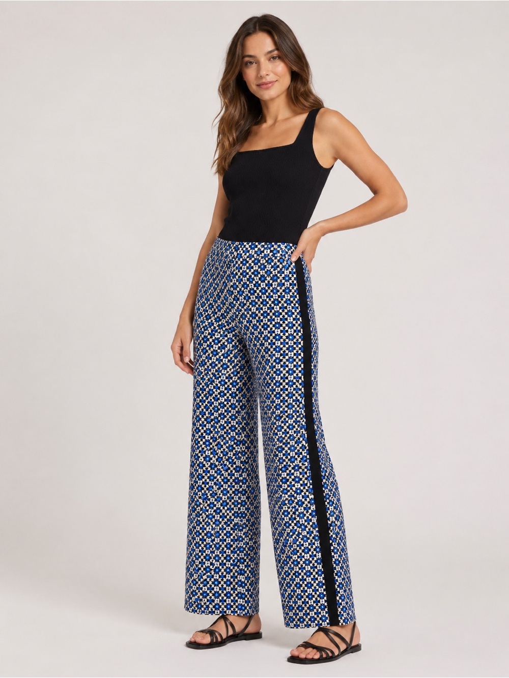 Maeve Blue Geometric Wide-Leg Palazzo Pants with Side Stripe